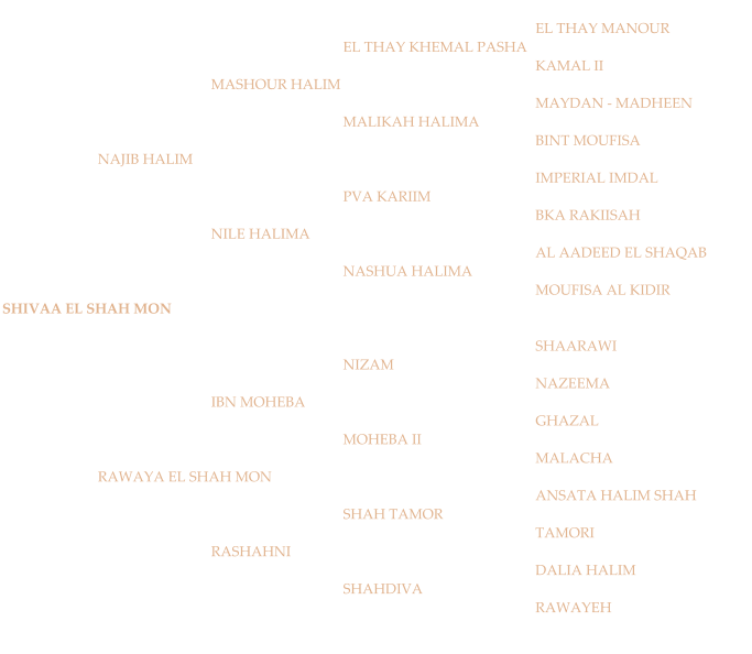 EL THAY MANOUR EL THAY KHEMAL PASHA KAMAL II MASHOUR HALIM MAYDAN - MADHEEN MALIKAH HALIMA BINT MOUFISA NAJIB HALIM IMPERIAL IMDAL PVA KARIIM BKA RAKIISAH NILE HALIMA AL AADEED EL SHAQAB NASHUA HALIMA MOUFISA AL KIDIR SHIVAA EL SHAH MON SHAARAWI NIZAM NAZEEMA IBN MOHEBA GHAZAL MOHEBA II MALACHA RAWAYA EL SHAH MON ANSATA HALIM SHAH SHAH TAMOR TAMORI RASHAHNI DALIA HALIM SHAHDIVA RAWAYEH
